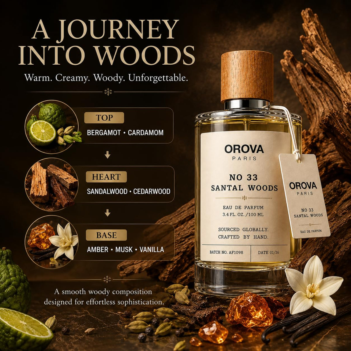 OROVA PARIS Santal Woods Eau de Parfum 100ml | Unisex Sandalwood Perfume