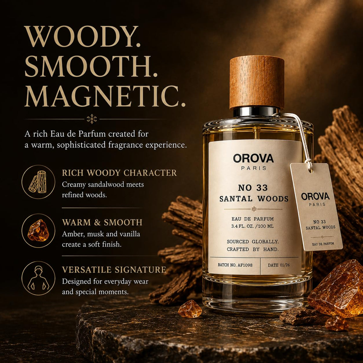 OROVA PARIS Santal Woods Eau de Parfum 100ml | Unisex Sandalwood Perfume