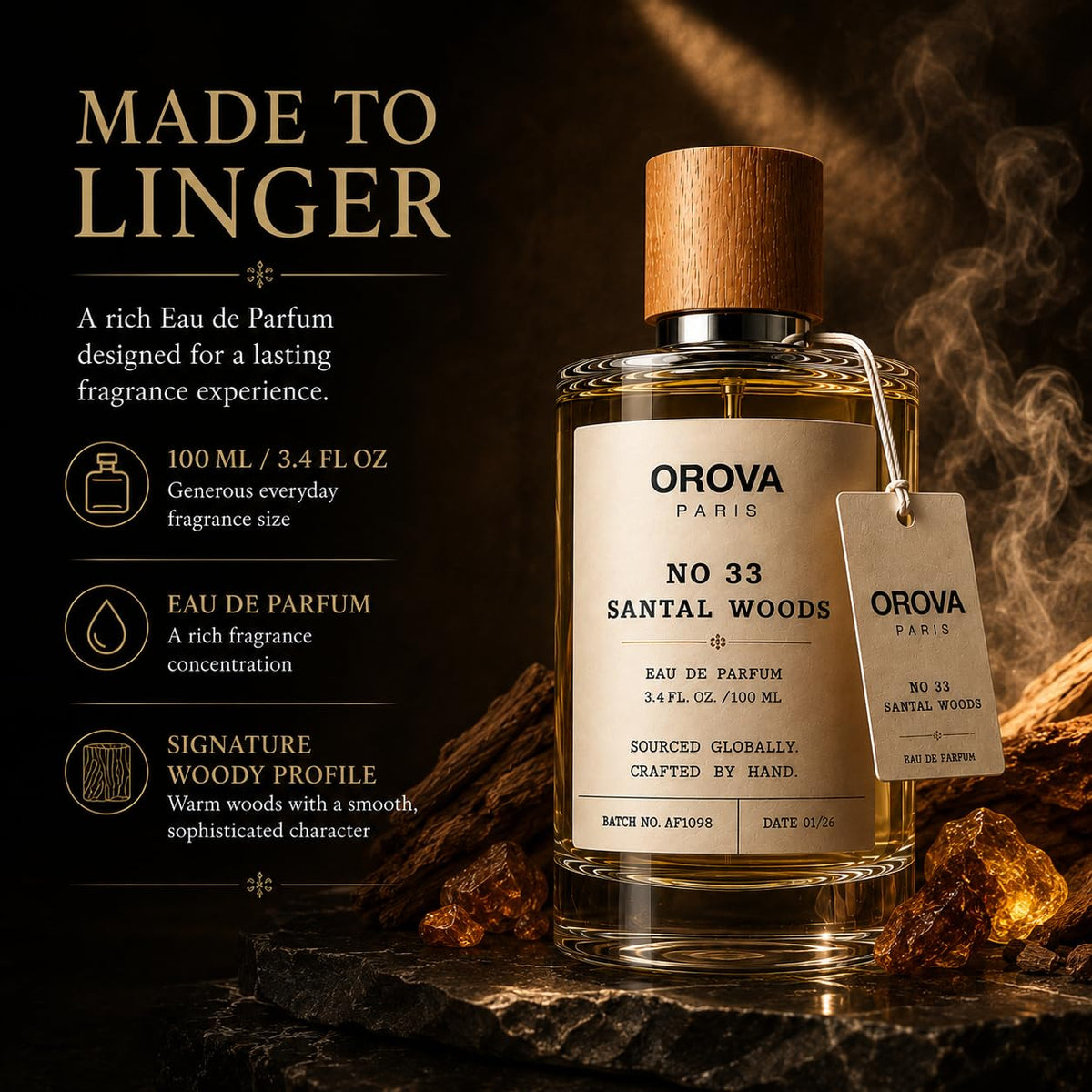 OROVA PARIS Santal Woods Eau de Parfum 100ml | Unisex Sandalwood Perfume