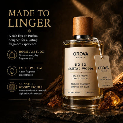 OROVA PARIS Santal Woods Eau de Parfum 100ml | Unisex Sandalwood Perfume